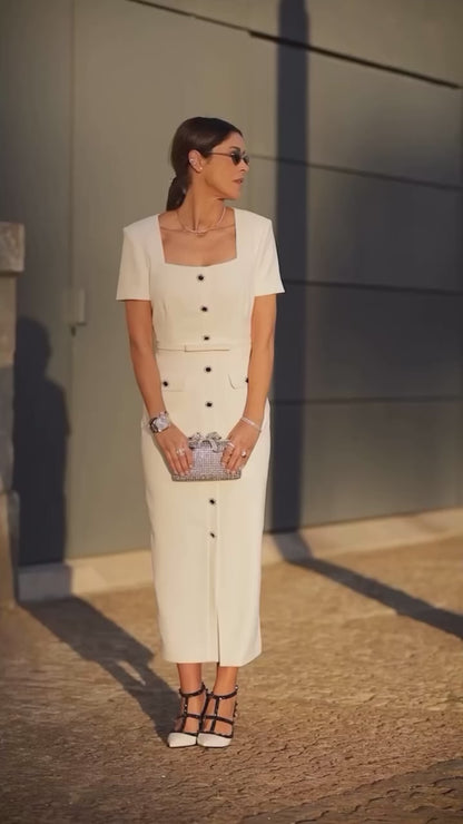 Kristal Düğme Detaylı Midi Elbise