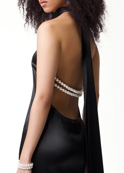 Sırtı İnci Detaylı Siyah Saten Maksi Elbise
